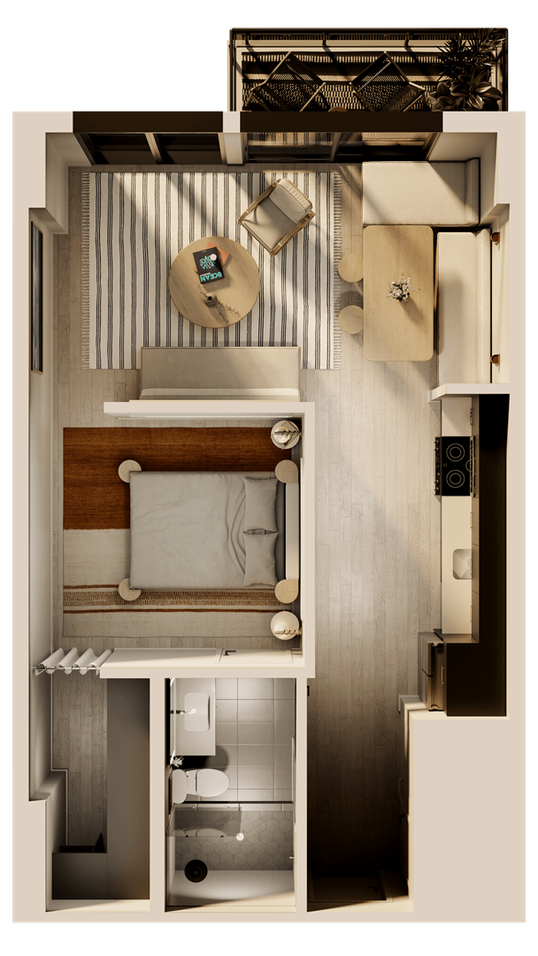 a 3d rendering of a hotel room with a bed and a bathroom
